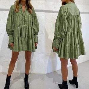 Textured Sage Green Tiered Mini Dress